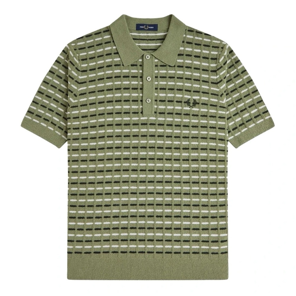 New With Tags Fred Perry Bouclé Ribbed Knitted Shirt Olive Mint Size Medium